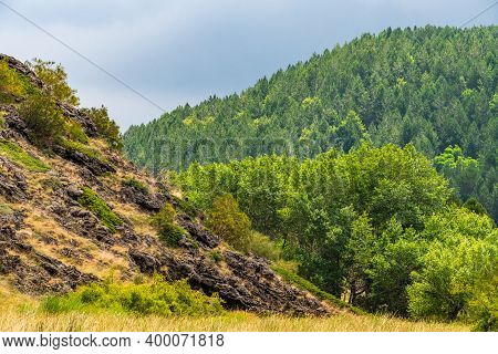 Mount Etna Volcanic Landscape And Its Typical Summer Vegetation