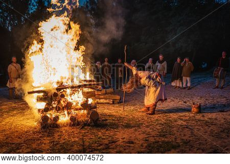 Cedynia, Poland, June 2019 Pagan Reenactment Of Kupala Night, Called In Poland Noc Kupaly, Shaman Pa