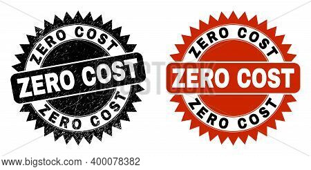 Black Rosette Zero Cost Seal Stamp. Flat Vector Scratched Seal With Zero Cost Title Inside Sharp Ros