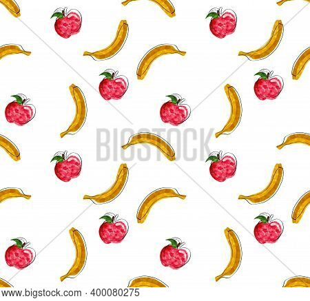 Seamless Pattern With Illustration Of Fruits, Bananas And Apple On White Background. Tropical Abstra