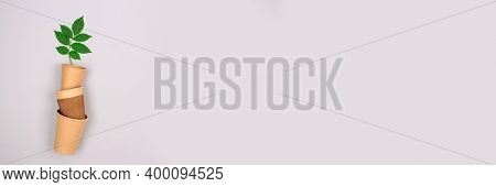 Banner With Set Of Different Eco-friendly Coffee To Go Cups - Kraft Paper Cup With Green Leaves Abov