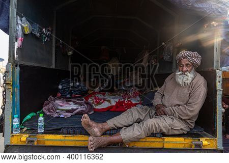 New Delhi, India - December 2020
A Old Farmer Taking Rest In Its Trolley At Delhi Border,they Are Pr