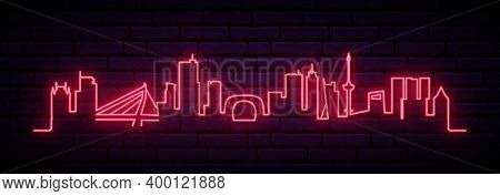 Red Neon Skyline Of Rotterdam. Bright Rotterdam City Long Banner. Vector Illustration.
