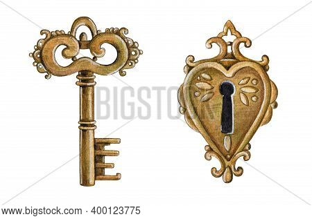 Vintage Metal Key And Keyhole Watercolor Elements. Close Up Realistic Retro Golden Safe Objects. Old