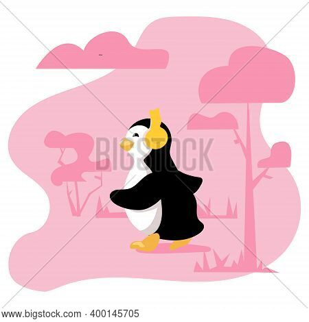 Cute Cartoon Penguin Is Jogging In A Park. Vector Illustration With Editable Elements Organized Into