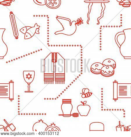 Vector Illustration Jewish Holiday Traditional Symbols Torah Scroll, Oil Jar, Star Of David, Pomegra