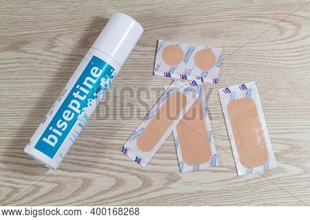 Primelin - France, November 16, 2020 : Hansaplast Adhesive Dressing And Biseptine Antiseptic Spray