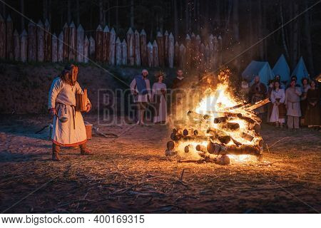 Cedynia, Poland, June 2019 Pagan Reenactment Of Kupala Night, Called In Poland Noc Kupaly, Shaman In