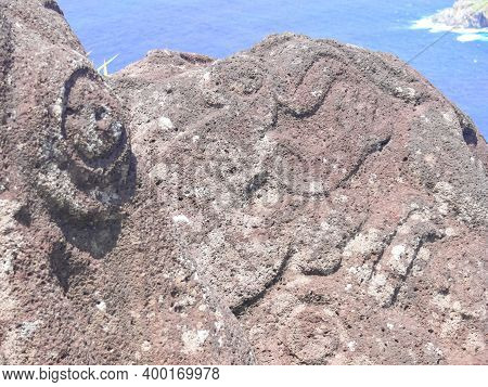 Rocks With Rock Engraving. Easter Island, Traces Of Ancient Culture.