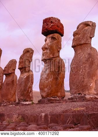 Statues Of The Gods Of Easter Island. Ancient Statues Of Ancient Civilization On Easter Island.