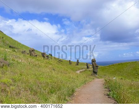 Statues Of The Gods Of Easter Island. Ancient Statues Of Ancient Civilization On Easter Island.
