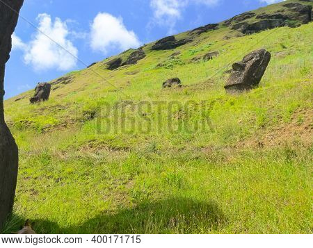 Statues Of The Gods Of Easter Island. Ancient Statues Of Ancient Civilization On Easter Island.