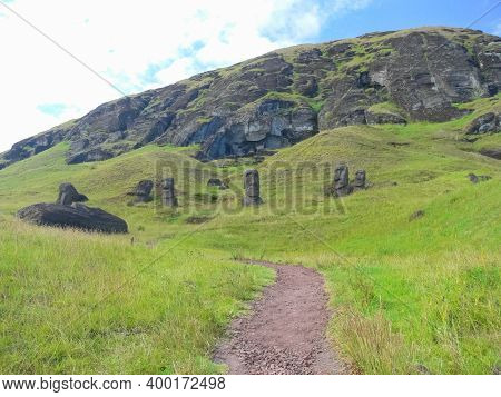 Statues Of The Gods Of Easter Island. Ancient Statues Of Ancient Civilization On Easter Island.