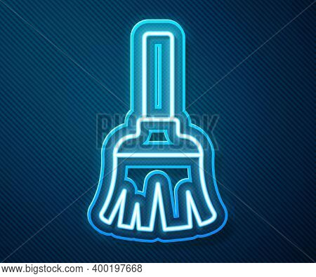 Glowing Neon Line Feather Broom For Cleaning Icon Isolated On Blue Background. Feather Duster. Vecto