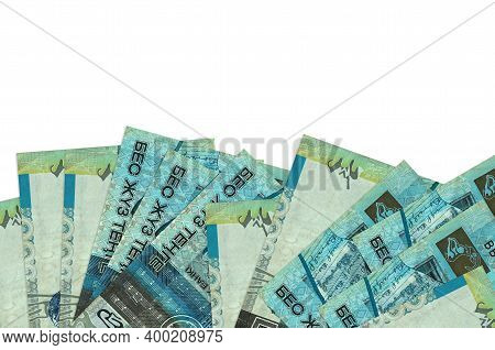 500 Kazakhstani Tenge Bills Lies On Bottom Side Of Screen Isolated On White Background With Copy Spa