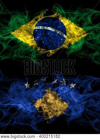 Brazil, Brazilian Vs Kosovo, Kosovar Smoky Mystic Flags Placed Side By Side. Thick Colored Silky Abs