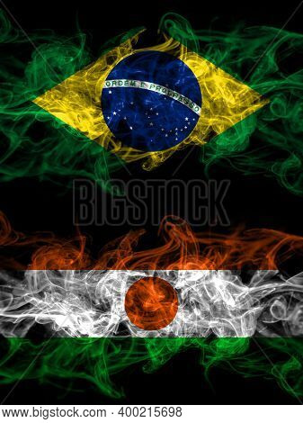 Brazil, Brazilian Vs Niger, Nigerien Smoky Mystic Flags Placed Side By Side. Thick Colored Silky Abs
