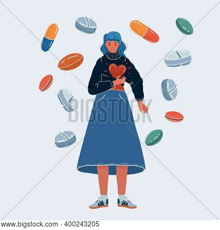 Vector Illustration Of Young Woman Suffering A Heartache. Lot Of Medicine And Pills Arround Her.