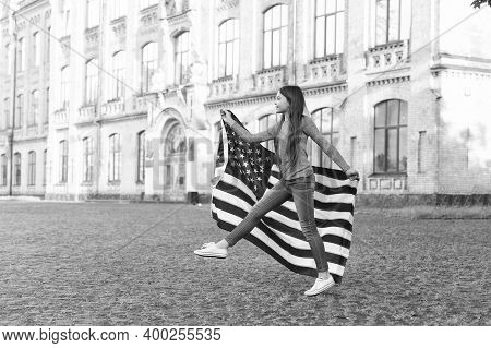 Citizenship By Birth. Little Child Hold Usa Flag. American Citizen Celebrate Independence Day. Perma
