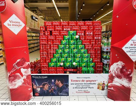 Sarcelles, Paris Suburb, France - December 20, 2020: Coco Cola And Sprite Drinking Cans Arranged To 