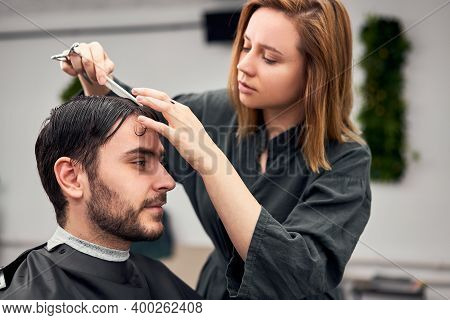 Stylish Man Sitting Barber Shop Hairstylist Hairdresser Woman Cutting His Hair Portrait Handsome Hap
