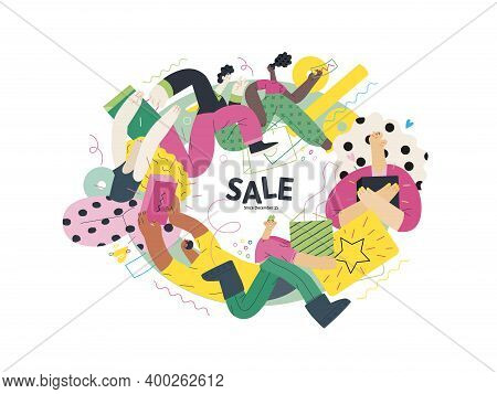 Discounts, Sale, Promotion Vignette - Modern Flat Vector Concept Illustration Of People Crowd Runnin