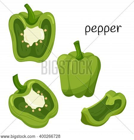 Unripe Green Pepper. Whole, Half In Cross-section And A Quarter Slice. Ingredient, An Element For Th