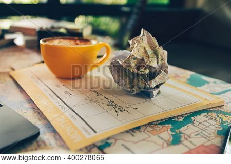 Tourist Planning Vacation With Calendar And Map. Cross Line In Holiday Text And Crump Paper Map . Ca