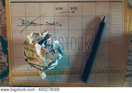 Crump Paper Map On Calendar. Cancel And Fail Plan Travel, Holiday, Vocation And New Year Concept.