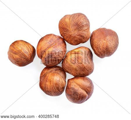 Hazelnuts Heap Isolated On White Background. Hazelnuts Top View. Flat Lay