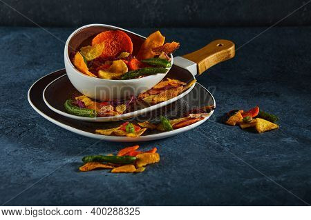 Dry Fruit And Healthy Vegetable Chips, Healthy Vegan Snack, A Mixed Heap: Yellow Sweet Potato Purple
