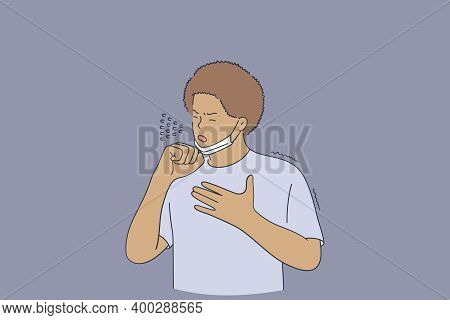 Influenza, Fever, Flu Concept. Young Black Man Coughing And Feeling Cold, Coronavirus, Getting Infec