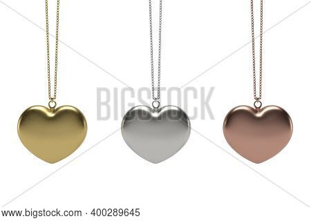 Gold Silver Copper Heart With Chain Isolated On White Background. 3d Illustration.