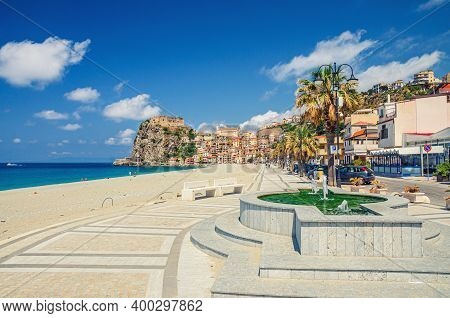 Cityscape Of Scilla Town With Embankment Promenade Of Mediterranean Tyrrhenian Sea Coast, Old Mediev