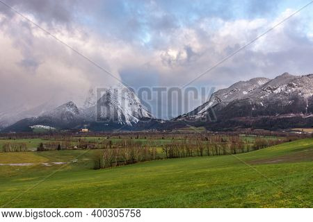 Winter Landscape With Snow Covered Grimming Mountain In Ennstal, Steiermark, Austria