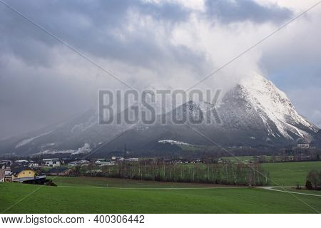 Winter Landscape With Snow Covered Grimming Mountain In Ennstal, Steiermark, Austria