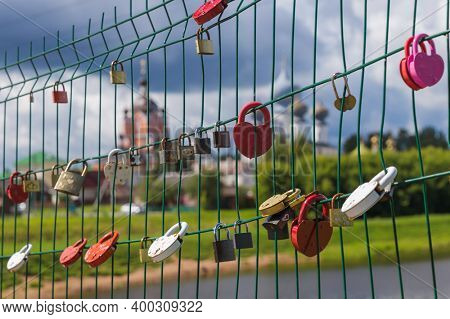 Wedding locks on bridhe near Tikhvin Monastery - Leningrad region Russia