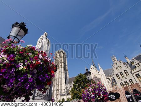 Mechelen, Belgium, August 2019. Beautiful View Of The Cathedral In The Background. In The Foreground