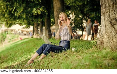 Girl Laptop Outdoors. Being Outdoors Exposes Workers To Fresher Air And Environmental Variations Mak