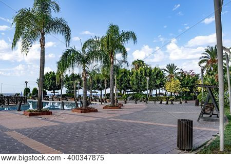 Alanya, Turkey - October 22, 2020: Abdurrahman Alaettinoglu Park In Alanya. Modern Tropical Public G