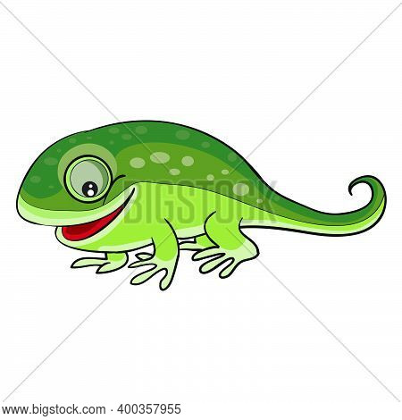 Cute Green Chameleon Character, Cartoon Illustration, Isolated Object On White Background, Vector Il