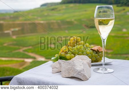 White Chalk Stones From Cote Des Blancs Near Epernay, Region Champagne, France, Glass Of Blanc De Bl