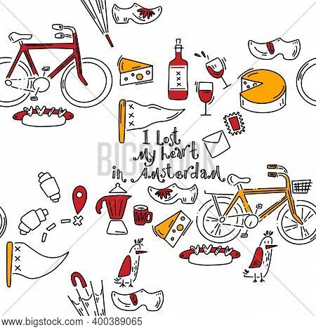 Doodle Pattern With Cheese, Wine, Klomps And Other Other Tourist Stuff. Hand Drawn Pattern In Doodle