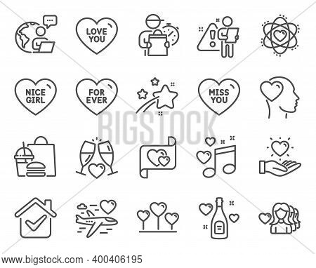 Love Icons Set. Included Icon As Woman Love, Friend, Hold Heart Signs. Honeymoon Travel, Wedding Gla