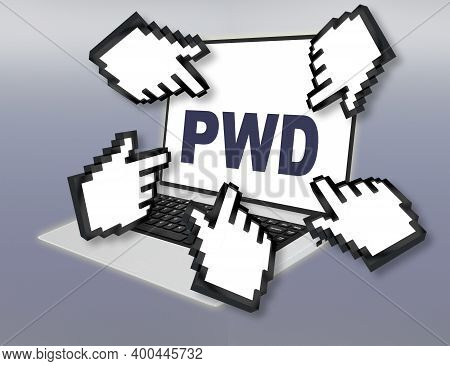 3d Illustration Of Pwd Script With Pointing Hand Icons Pointing At The Laptop Screen From All Sides,