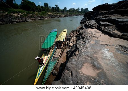 Longtail Boat At Sam Phan Bok Rock Canyon In Maekhong River,Thailand .