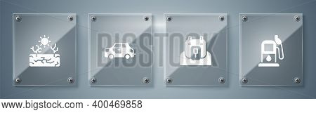 Set Petrol Or Gas Station, Polar Bear Head, Car And Drought. Square Glass Panels. Vector