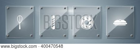 Set Homemade Pie, Donut, French Baguette Bread And Kitchen Whisk. Square Glass Panels. Vector