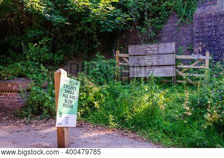 Caldy, Uk: Jun 23, 2020: A Sign At The Entrance To The Wirral Way Cycle Track & Footpath Warns That 