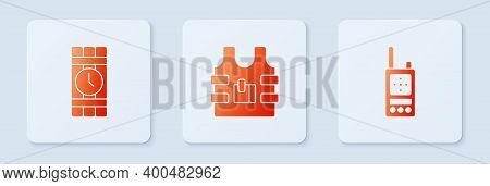 Set Bulletproof Vest, Dynamite And Timer Clock And Walkie Talkie. White Square Button. Vector